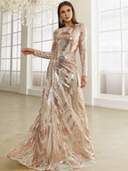 Luxury Sheath High Neck Long Sleeve Back Zip Floor-Length Prom Dress