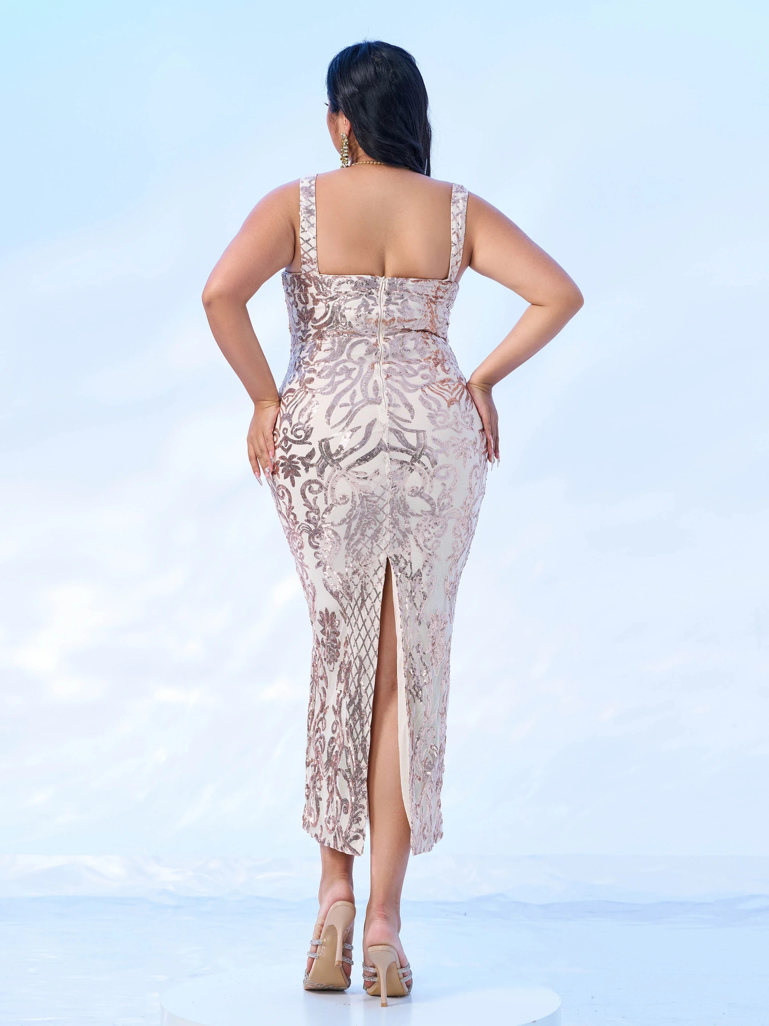 Luxury Sheath Square Neck Sleeveless Zipper Up Tea-Length Plus Size Prom Dress