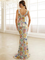 Luxury Sheath V Neck Sleeveless Backless Sweep/Brush Train Prom Dress