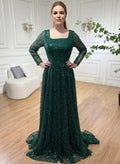 Luxury Square Neck Long Sleeves A-Line Ruched Sequins Sweep Train Prom Dress