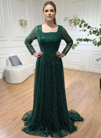 Luxury Square Neck Long Sleeves A-Line Ruched Sequins Sweep Train Prom Dress