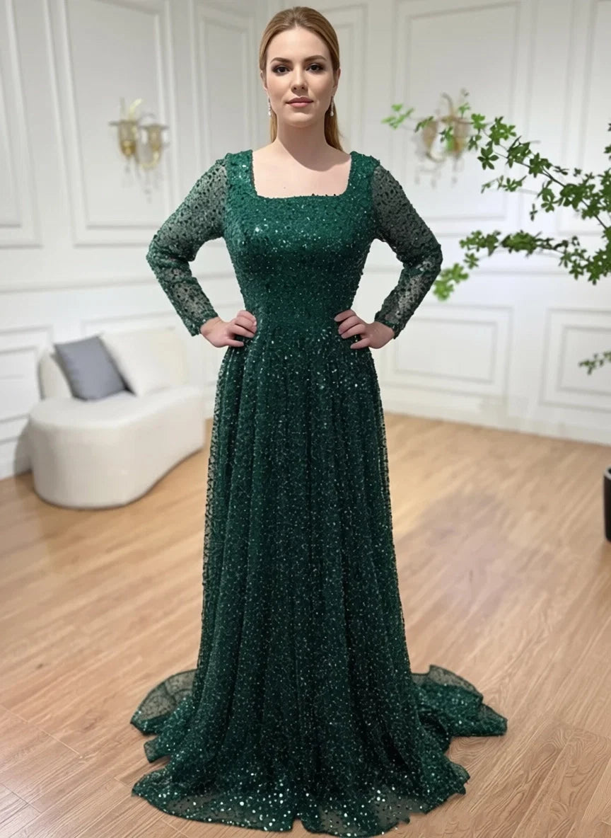 Luxury Square Neck Long Sleeves A-Line Ruched Sequins Sweep Train Prom Dress
