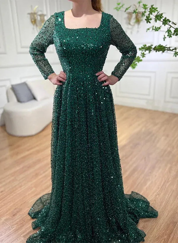 Luxury Square Neck Long Sleeves A-Line Ruched Sequins Sweep Train Prom Dress