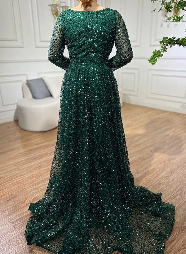 Luxury Square Neck Long Sleeves A-Line Ruched Sequins Sweep Train Prom Dress