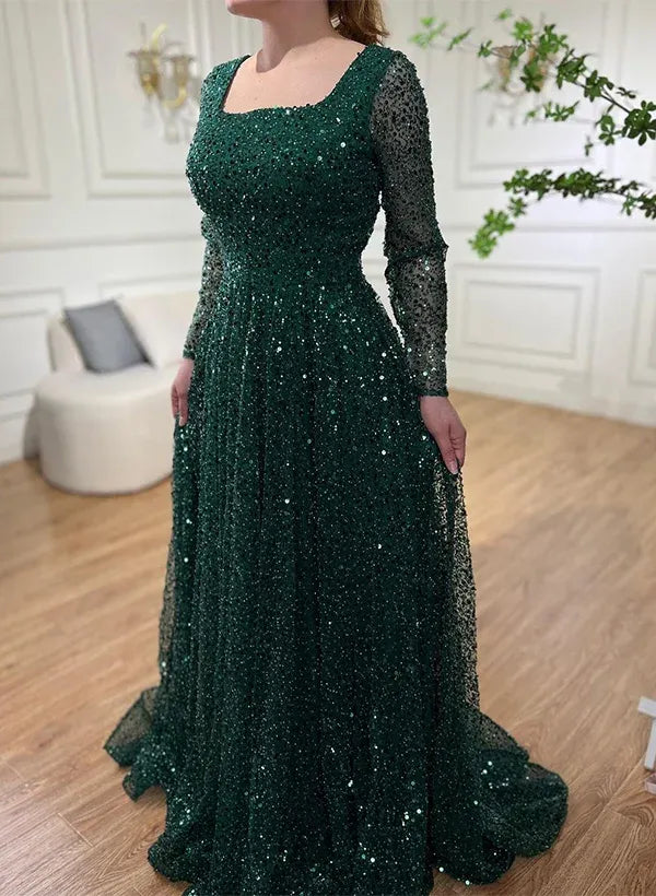 Luxury Square Neck Long Sleeves A-Line Ruched Sequins Sweep Train Prom Dress
