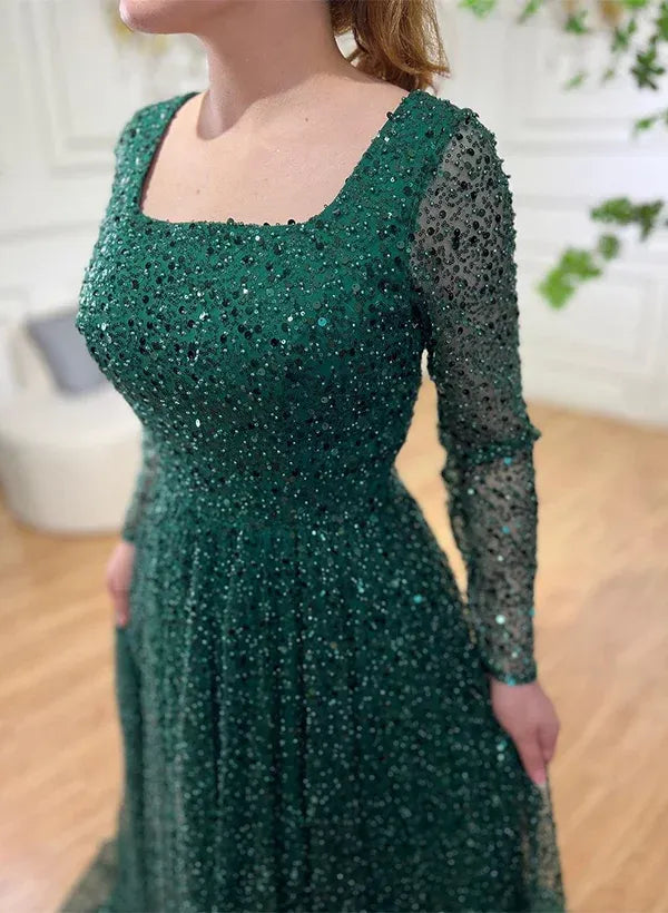 Luxury Square Neck Long Sleeves A-Line Ruched Sequins Sweep Train Prom Dress