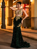 Luxury Trumpet/Mermaid Illusion Neck Sleeveless Zipper Sweep/Brush Train Prom Dress