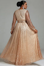 Luxury A-Line V Neck Long Sleeve Sparkle Sequins Plus Size Floor Length Prom Dress