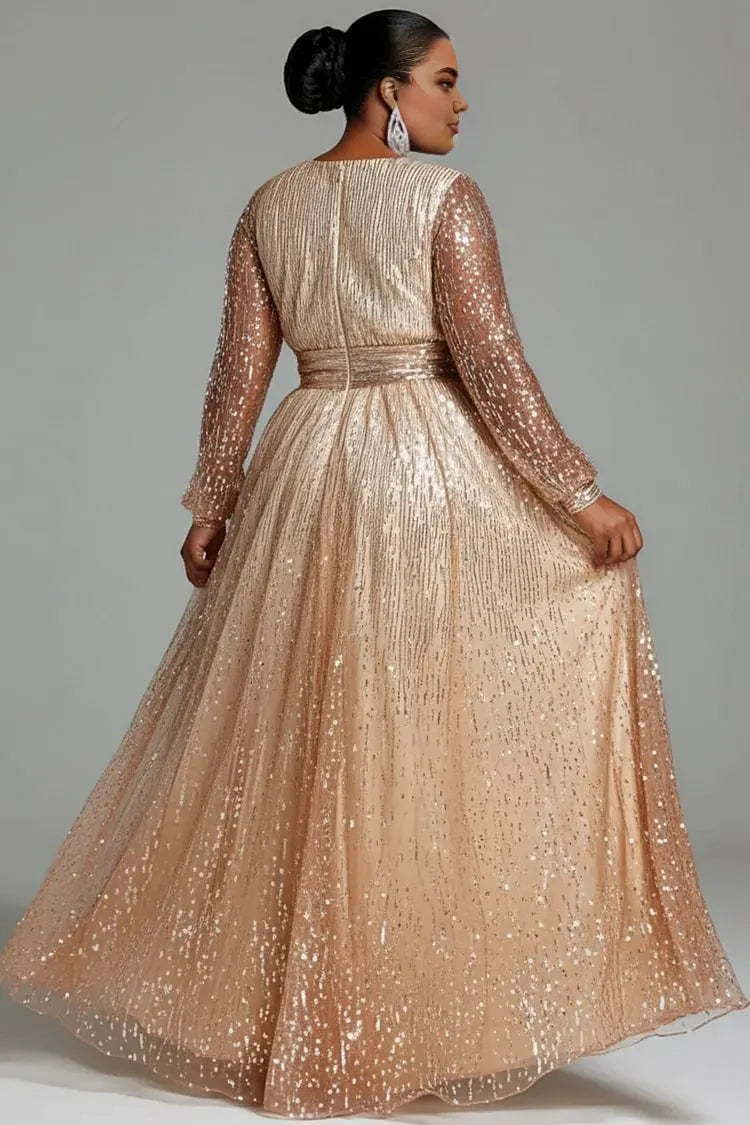 Luxury A-Line V Neck Long Sleeve Sparkle Sequins Plus Size Floor Length Prom Dress