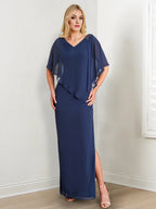 Slim fit/cylindrical V-necktie beading and slit mother of the bride dress