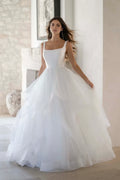 Magical Ball Gown Square Neckline Sleeveless Button Back Floor Length Wedding Dress