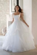 Magical Ball Gown Square Neckline Sleeveless Button Back Floor Length Wedding Dress
