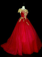 Magnificent Ball Gown Off-The-Shoulder Cap Sleeve Sheer Back Floor-Length Wedding Dress