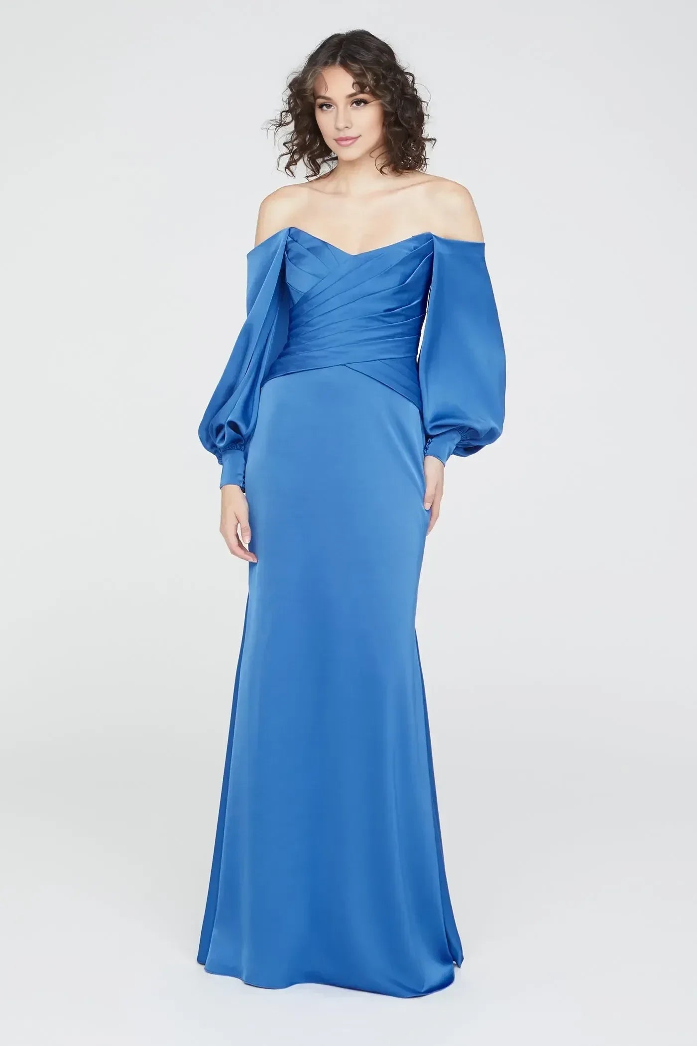 Magnificent Mermaid Off Shoulder Puff Sleeve Solid Back Floor Length Evening Dress