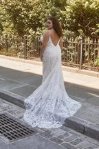 Magnificent Plus Size Trumpet Plunging V Neck Bell Sleeve Lace Back Floor Length Wedding Dress