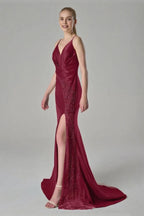 Mermaid V-Neck Floor Length Spaghetti Straps Prom Dresses Sleeveless Cheap Glitter Evening Party Dresses