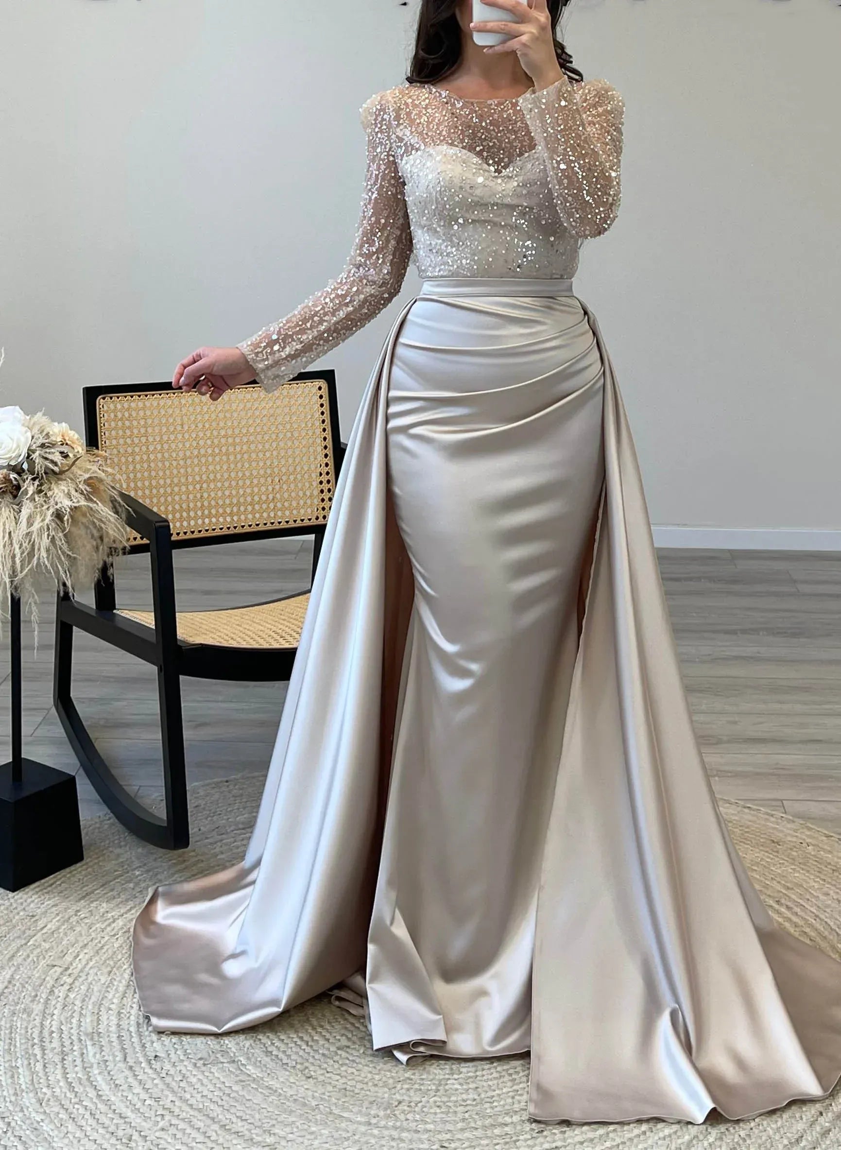 Mermaid Prom Dress Satin Sequin Long Sleeve Boat Neck Champagne Gown For Prom Queens Showstopper Elegance