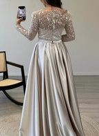 Mermaid Prom Dress Satin Sequin Long Sleeve Boat Neck Champagne Gown For Prom Queens Showstopper Elegance