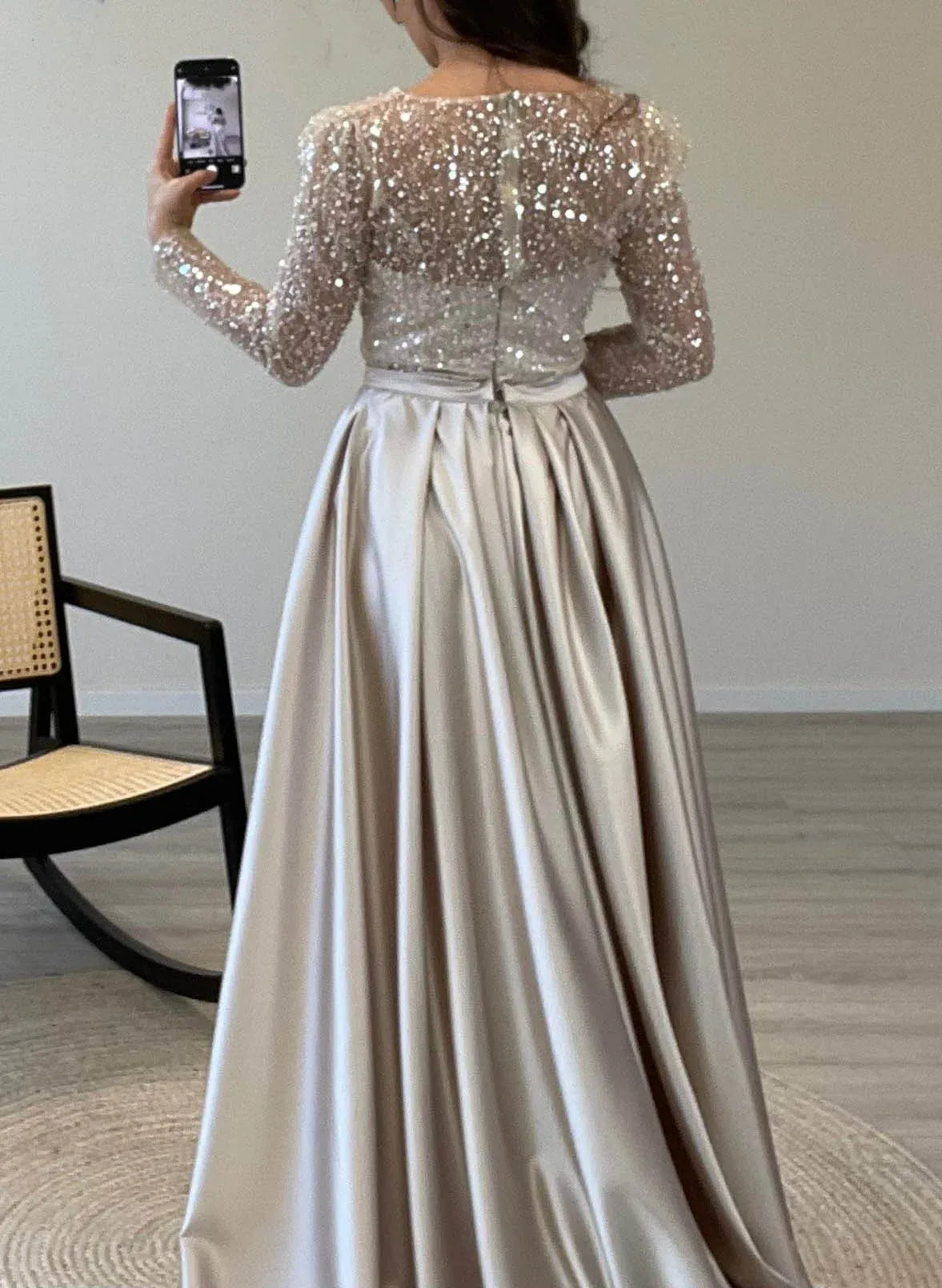 Mermaid Prom Dress Satin Sequin Long Sleeve Boat Neck Champagne Gown For Prom Queens Showstopper Elegance