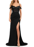 Black Mermaid Cold Shoulder Corset Sequins Applique Floor-Length Prom Dress With Slit