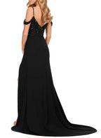 Black Mermaid Cold Shoulder Corset Sequins Applique Floor-Length Prom Dress With Slit