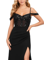 Black Mermaid Cold Shoulder Corset Sequins Applique Floor-Length Prom Dress With Slit