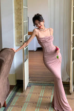Mermaid Prom Dress With Cowl Neck Spaghetti Straps Ruched Bodice Dusty Pink Chic For Prom Night Shoppers