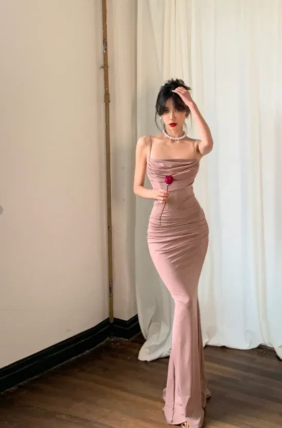 Mermaid Prom Dress With Cowl Neck Spaghetti Straps Ruched Bodice Dusty Pink Chic For Prom Night Shoppers