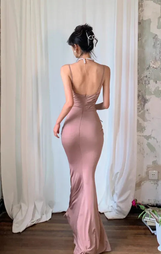 Mermaid Prom Dress With Cowl Neck Spaghetti Straps Ruched Bodice Dusty Pink Chic For Prom Night Shoppers