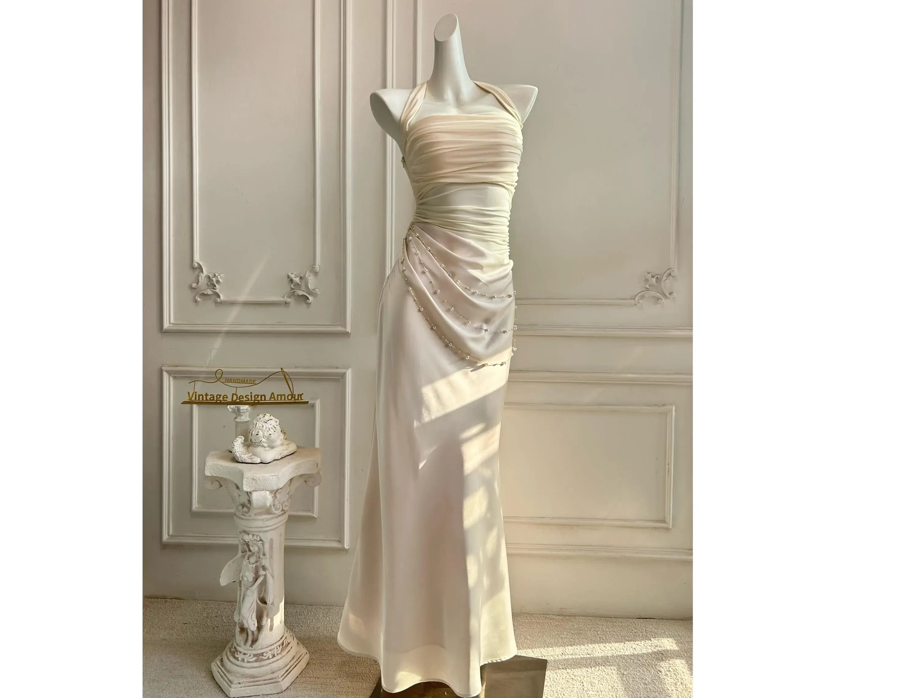 Mermaid Halter Neck Prom Dress With Beaded Ruched Chiffon Bodice And Cascading Chains Ivory For Senior Prom