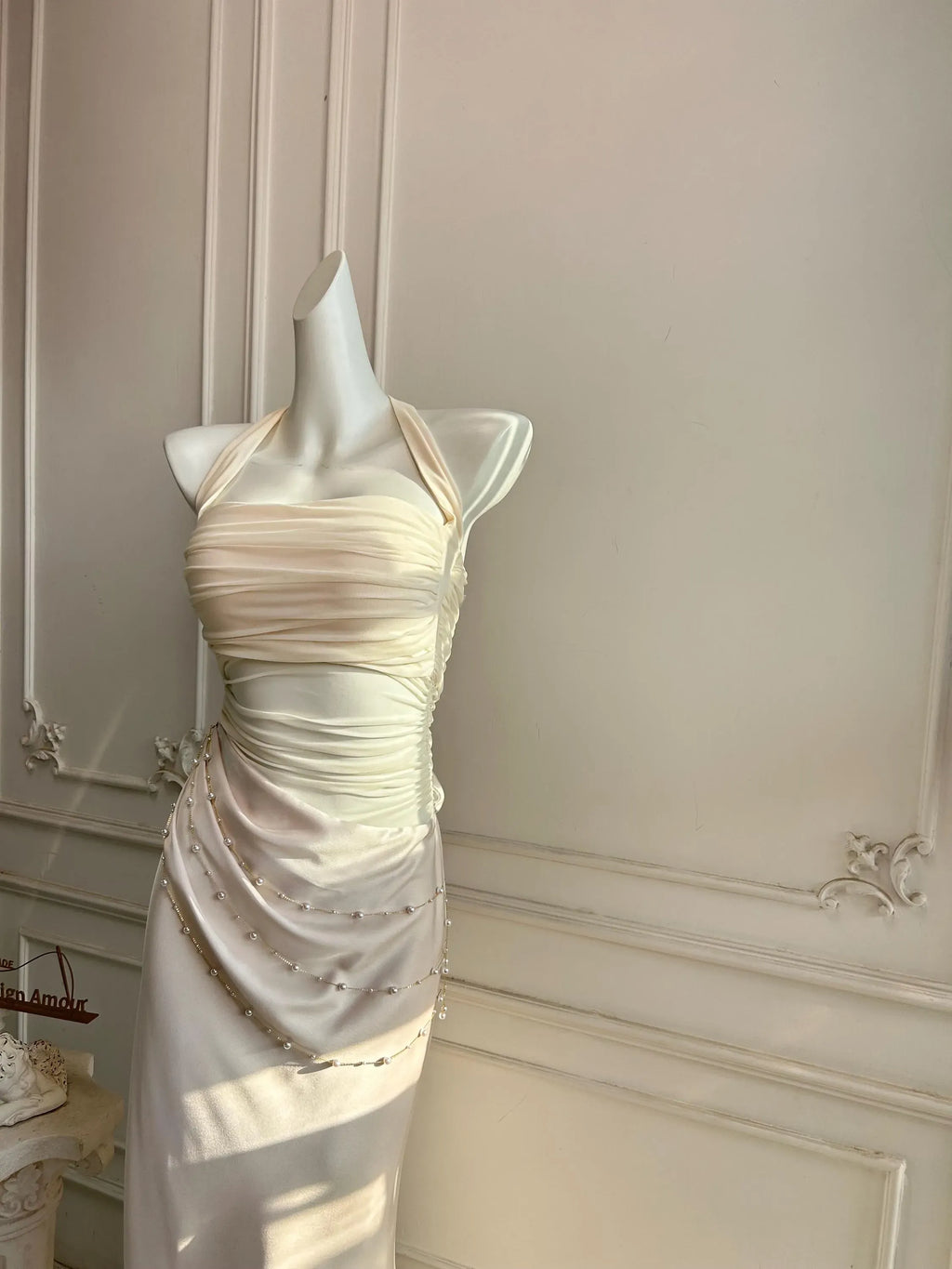 Mermaid Halter Neck Prom Dress With Beaded Ruched Chiffon Bodice And Cascading Chains Ivory For Senior Prom