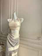 Mermaid Halter Neck Prom Dress With Beaded Ruched Chiffon Bodice And Cascading Chains Ivory For Senior Prom