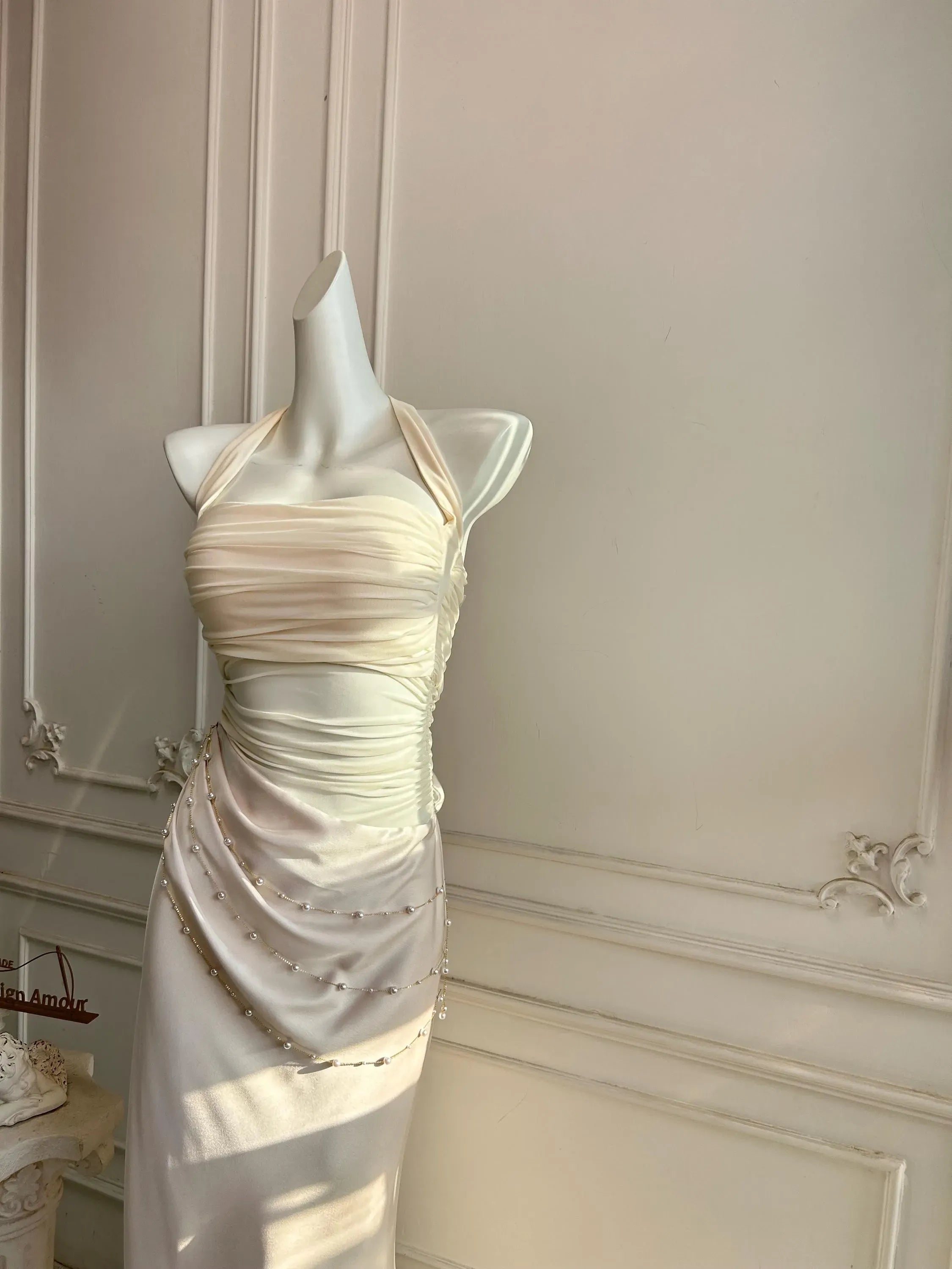 Mermaid Halter Neck Prom Dress With Beaded Ruched Chiffon Bodice And Cascading Chains Ivory For Senior Prom