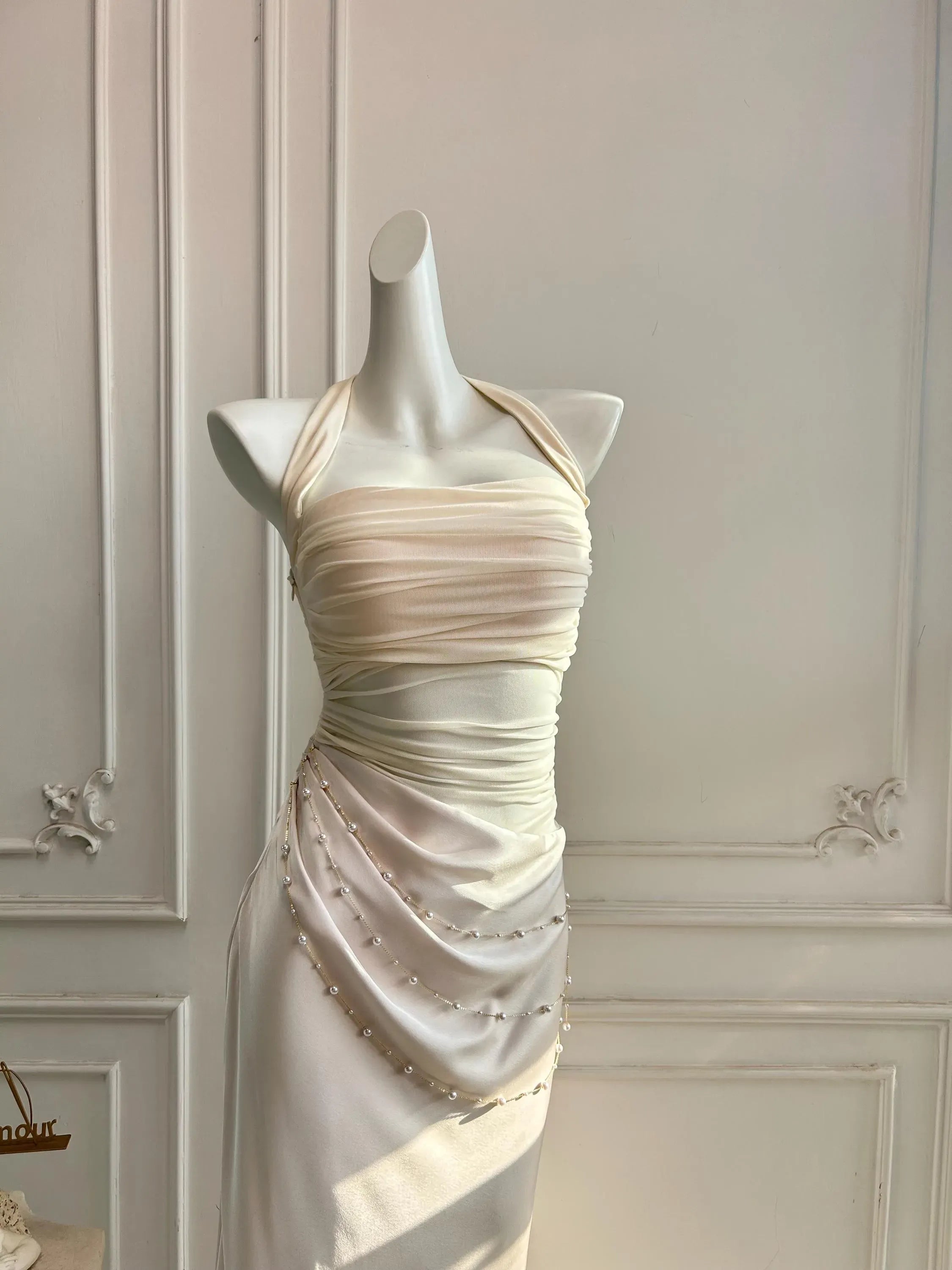 Mermaid Halter Neck Prom Dress With Beaded Ruched Chiffon Bodice And Cascading Chains Ivory For Senior Prom