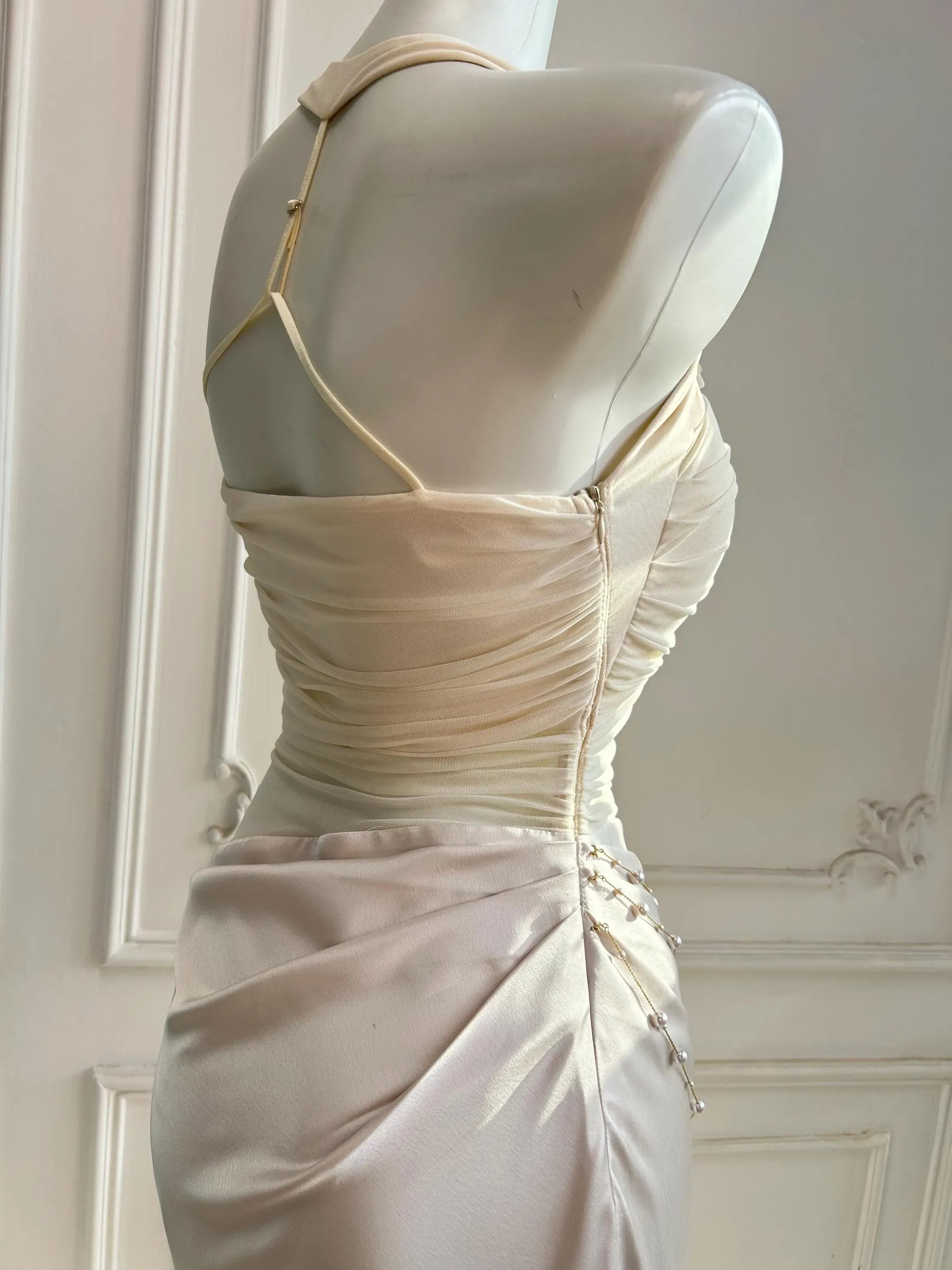 Mermaid Halter Neck Prom Dress With Beaded Ruched Chiffon Bodice And Cascading Chains Ivory For Senior Prom