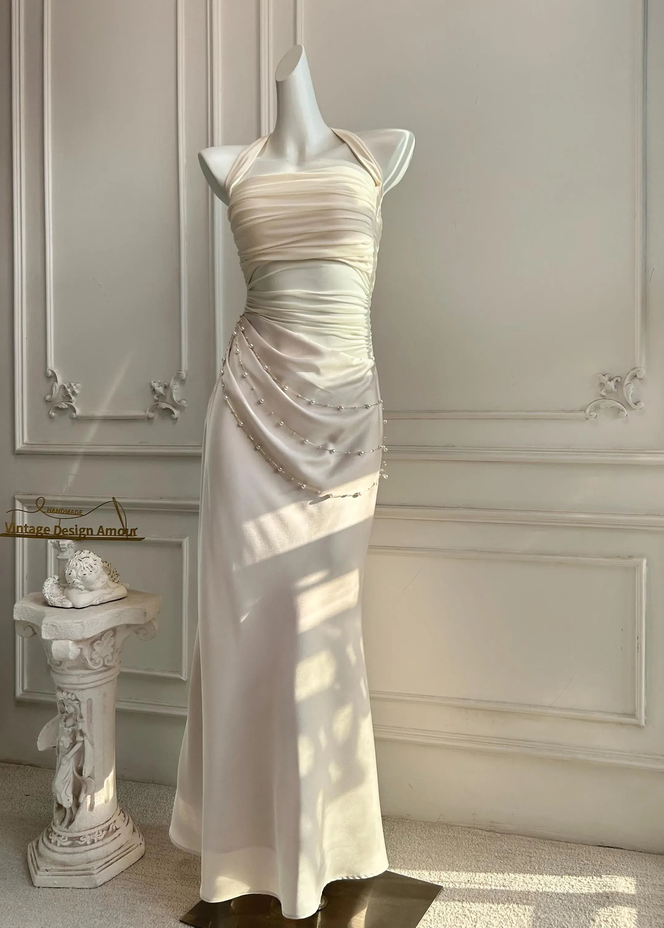 Mermaid Halter Neck Prom Dress With Beaded Ruched Chiffon Bodice And Cascading Chains Ivory For Senior Prom