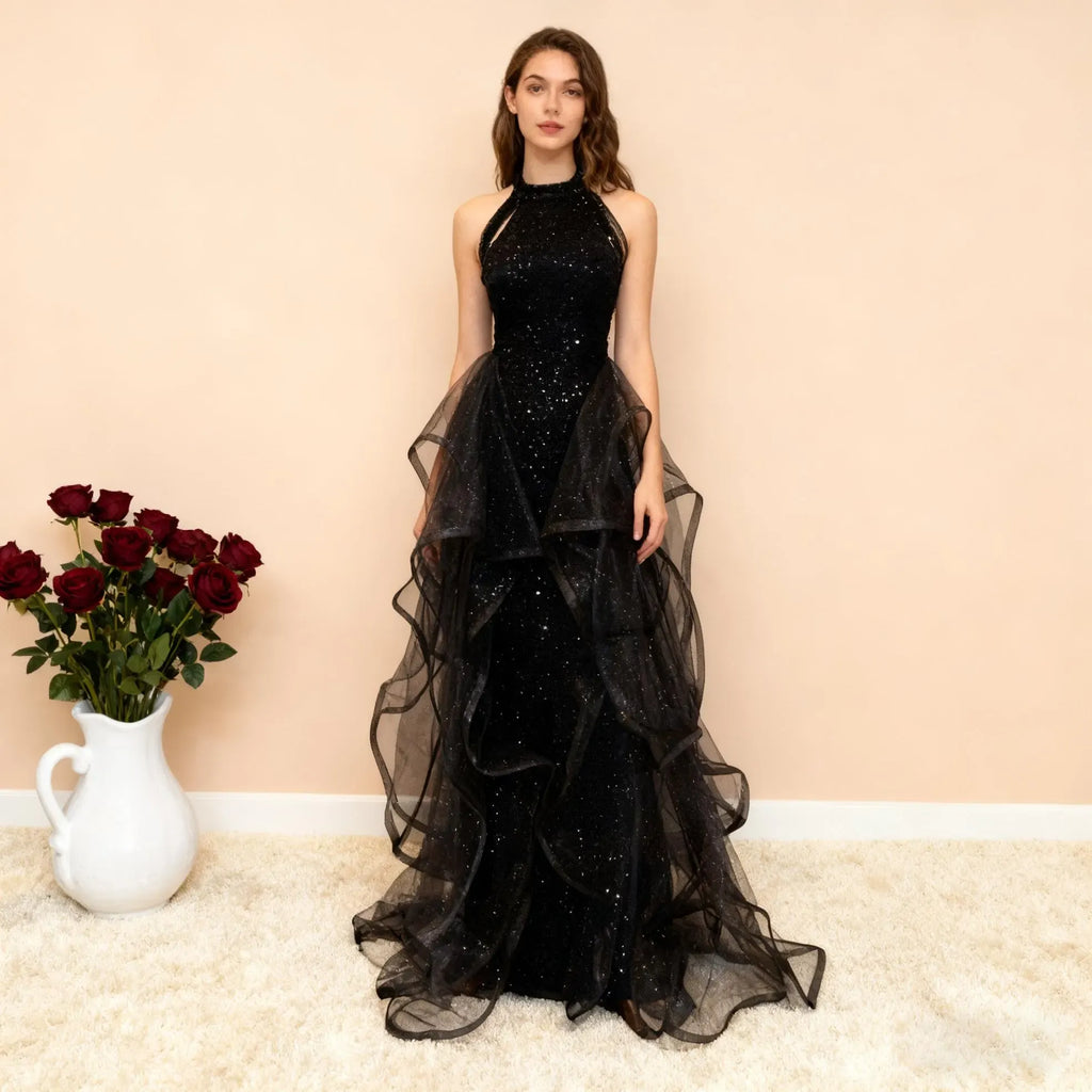 Mermaid Halter Neck Prom Dress With Sparkling Tulle Sequins Black Floor Length For Prom Night
