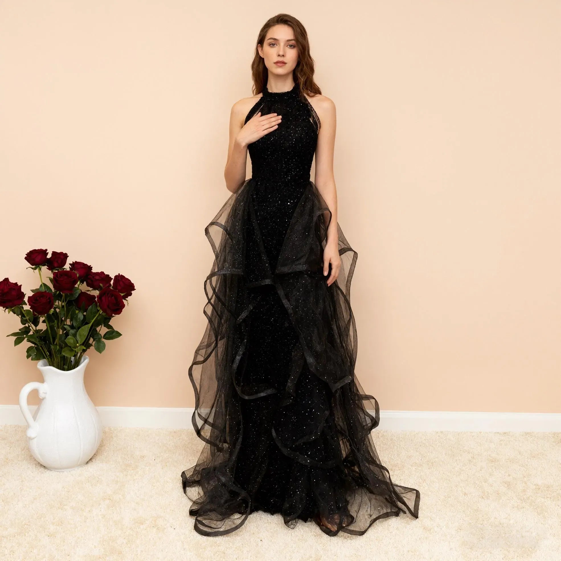 Mermaid Halter Neck Prom Dress With Sparkling Tulle Sequins Black Floor Length For Prom Night