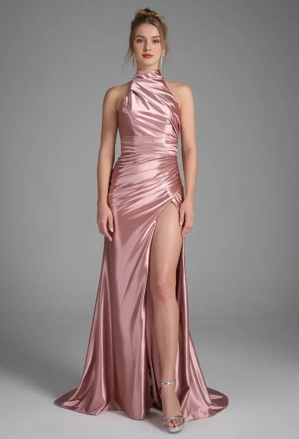 Mermaid Halter Neckline Elegant Floor Length Prom Clothes Strapless Sleeveless Simple Strapless Prom Dresses for Women With Slit