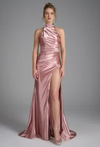 Mermaid Halter Neckline Elegant Floor Length Prom Clothes Strapless Sleeveless Simple Strapless Prom Dresses for Women With Slit