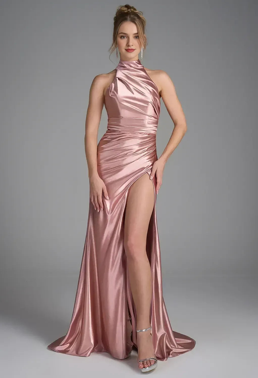 Mermaid Halter Neckline Elegant Floor Length Prom Clothes Strapless Sleeveless Simple Strapless Prom Dresses for Women With Slit