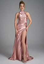 Mermaid Halter Neckline Elegant Floor Length Prom Clothes Strapless Sleeveless Simple Strapless Prom Dresses for Women With Slit