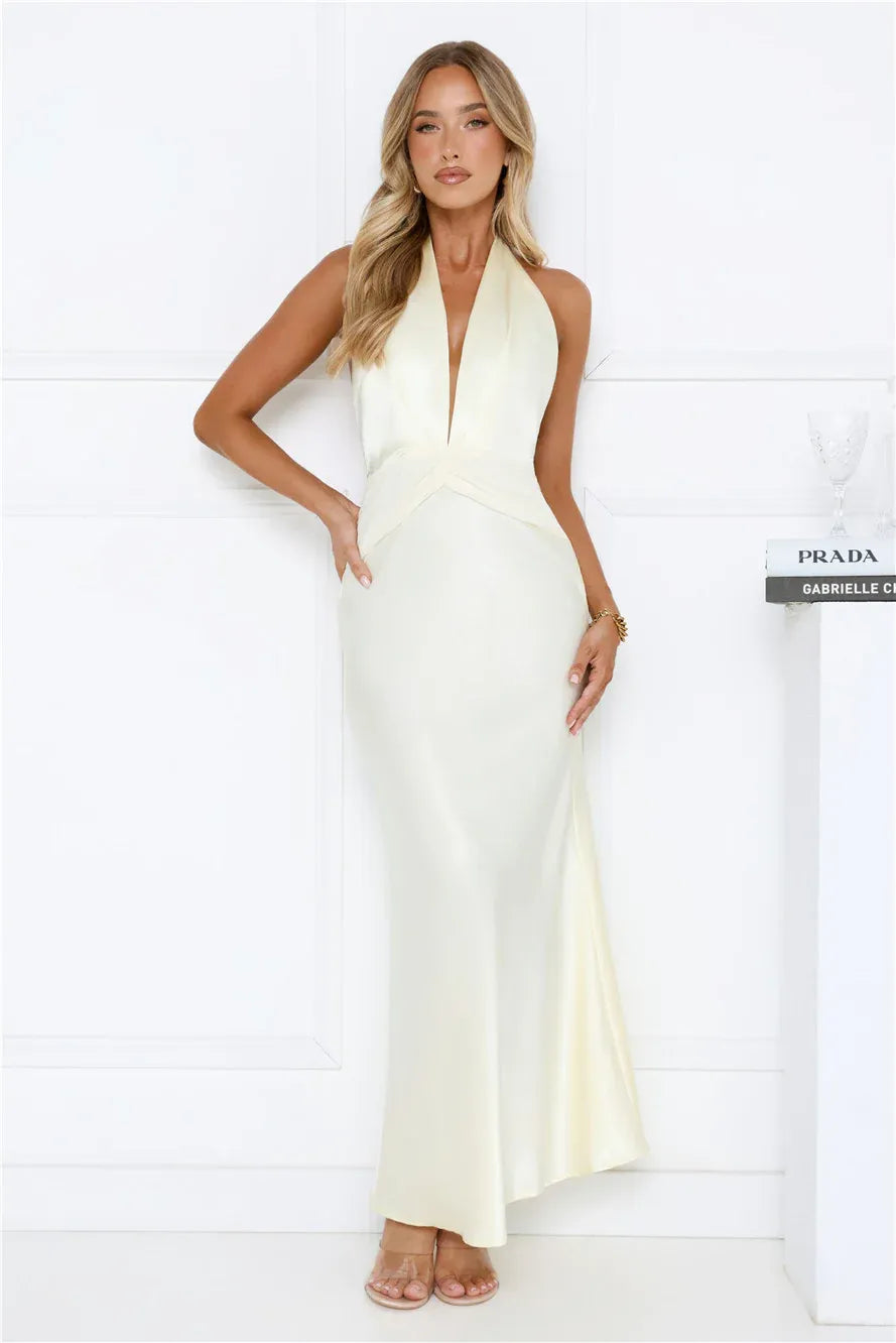 Mermaid Halter Satin Prom Dress Open Back Cream Maxi Ready To Ship For Prom Queens