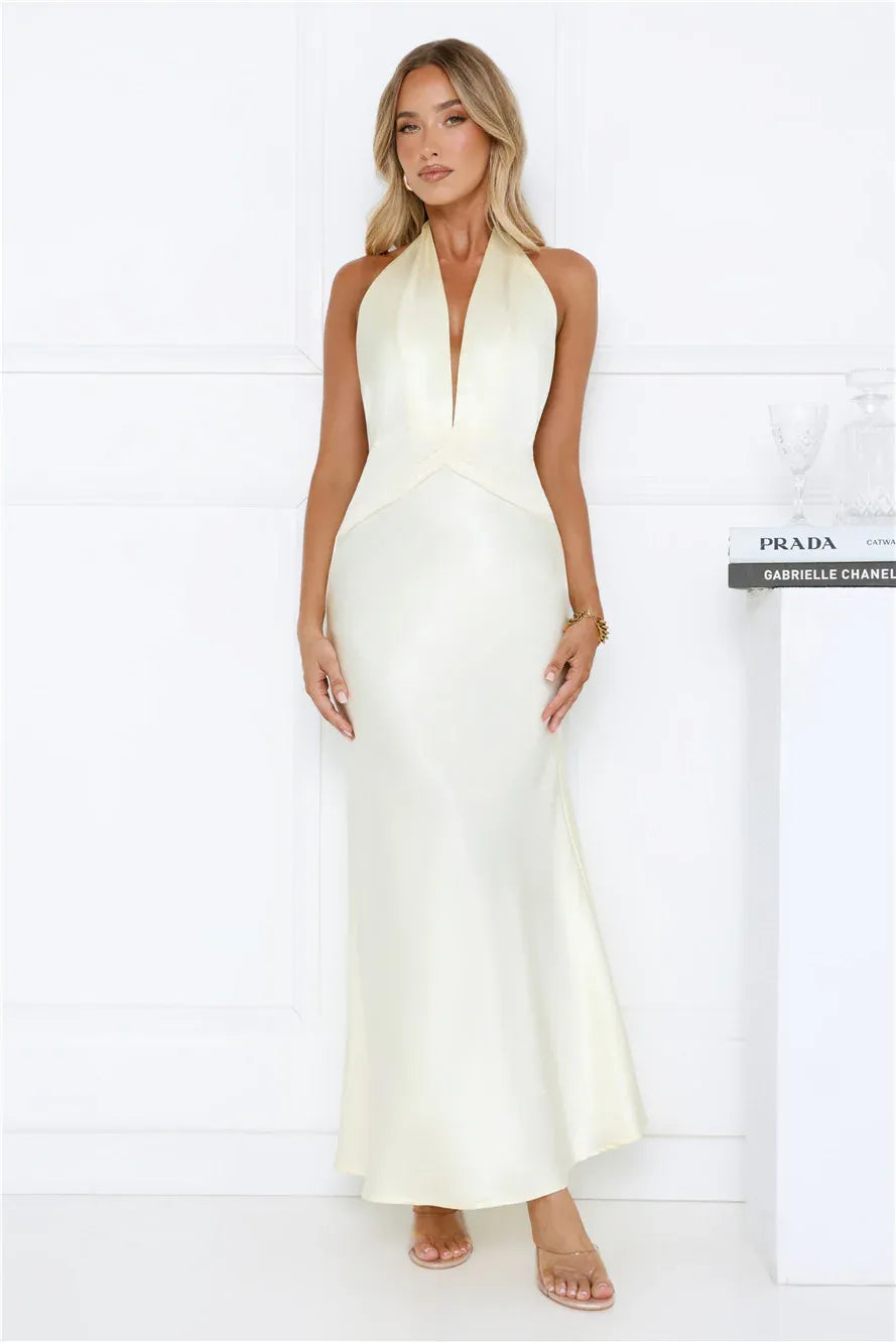 Mermaid Halter Satin Prom Dress Open Back Cream Maxi Ready To Ship For Prom Queens