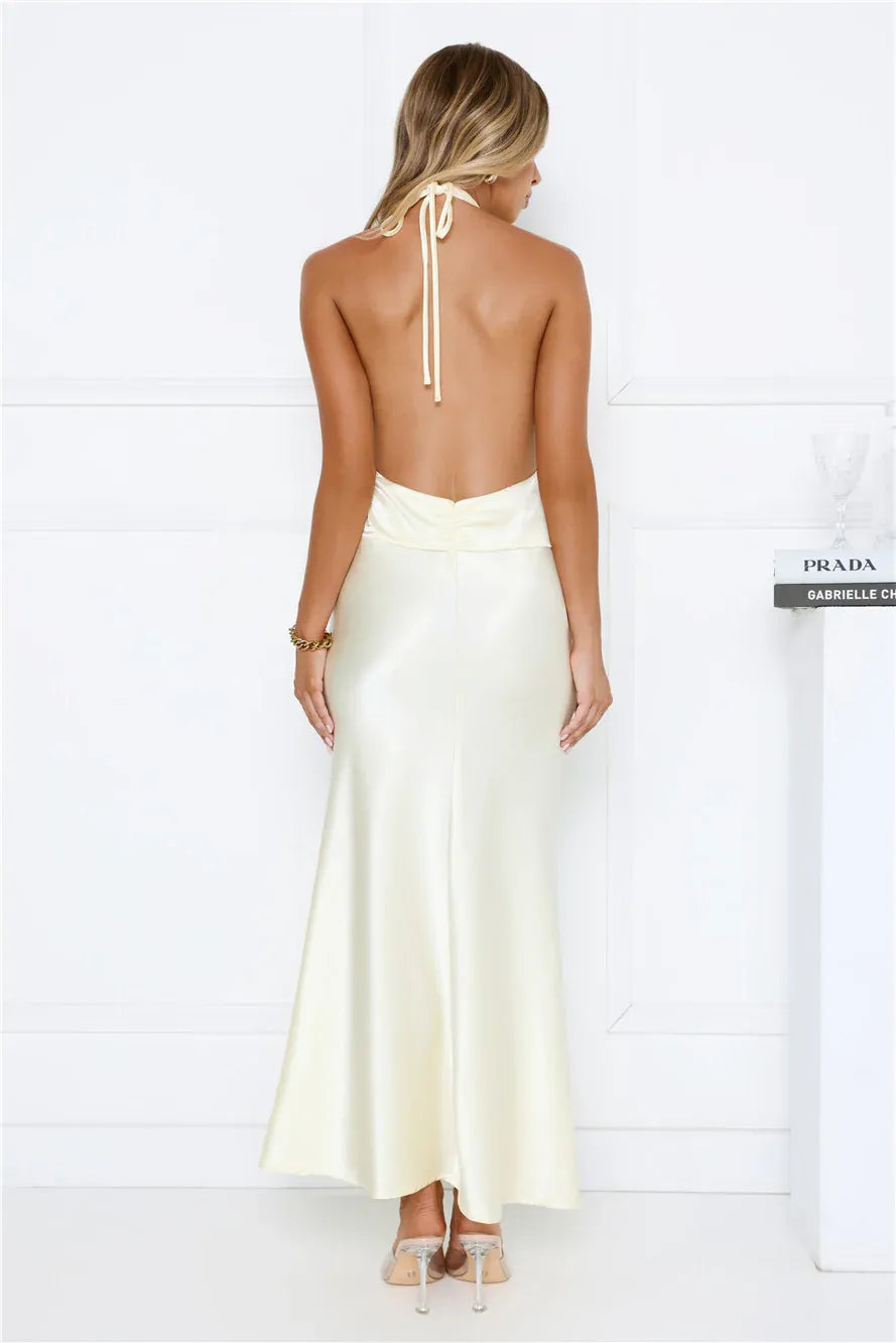 Mermaid Halter Satin Prom Dress Open Back Cream Maxi Ready To Ship For Prom Queens