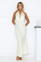 Mermaid Halter Satin Prom Dress Open Back Cream Maxi Ready To Ship For Prom Queens