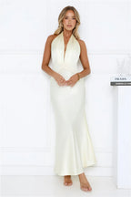 Mermaid Halter Satin Prom Dress Open Back Cream Maxi Ready To Ship For Prom Queens