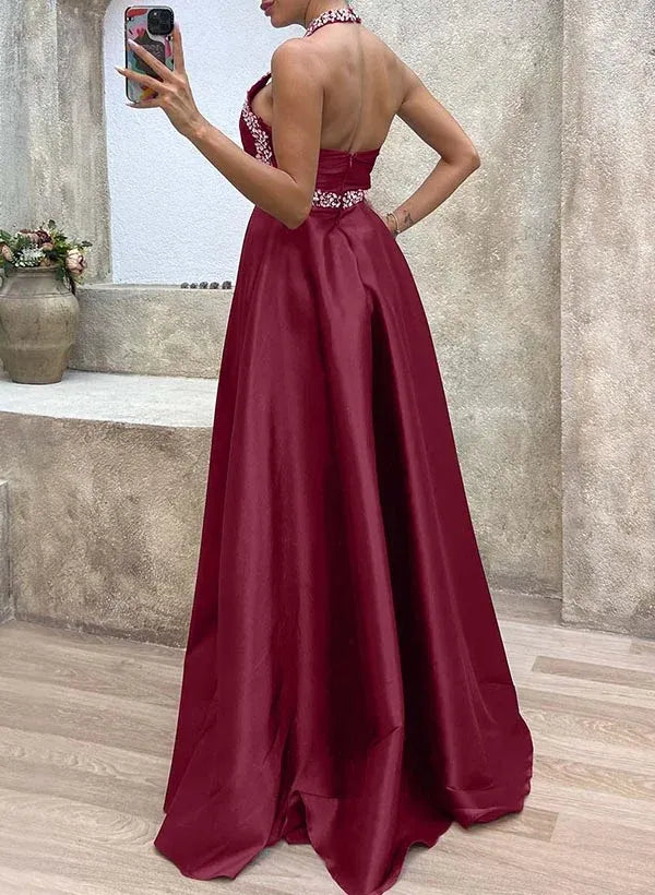 Mermaid Halter Prom Dress With Rhinestones Burgundy Floor Length High Slit Showstopping For Prom Queens