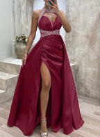 Mermaid Halter Prom Dress With Rhinestones Burgundy Floor Length High Slit Showstopping For Prom Queens