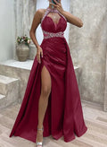 Mermaid Halter Prom Dress With Rhinestones Burgundy Floor Length High Slit Showstopping For Prom Queens